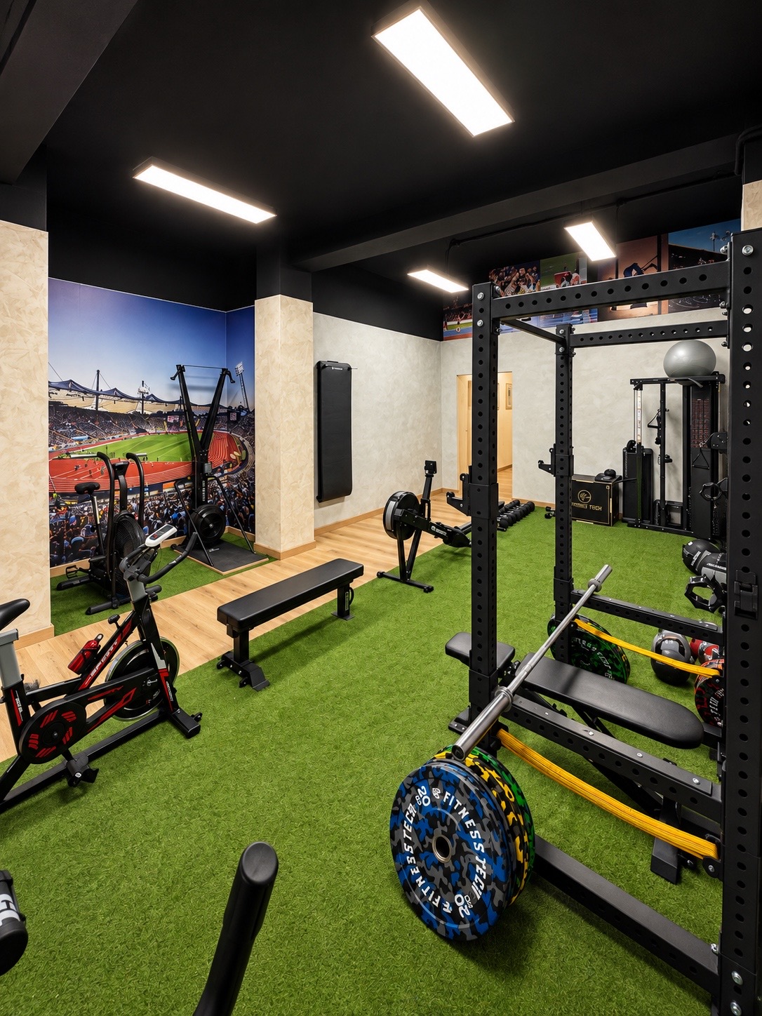 Zona de fuerza de BOX55 con rack, barra y césped de entrenamiento
